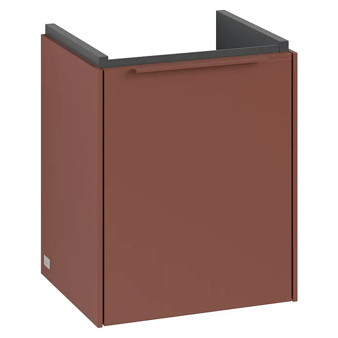 Villeroy & Boch Subway 3.0 Waschbeckenunterschrank - Wine Red, Anzahl Türen: 1 Stk., Farbe Griff: Monochrom, B x T x H: 35,1 x 30,9 x 42,9 cm, DIN Anschlag: Links - Bild eines modernen, braunen Badezimmerunterschranks mit minimalistischem Design und Griffleiste.
