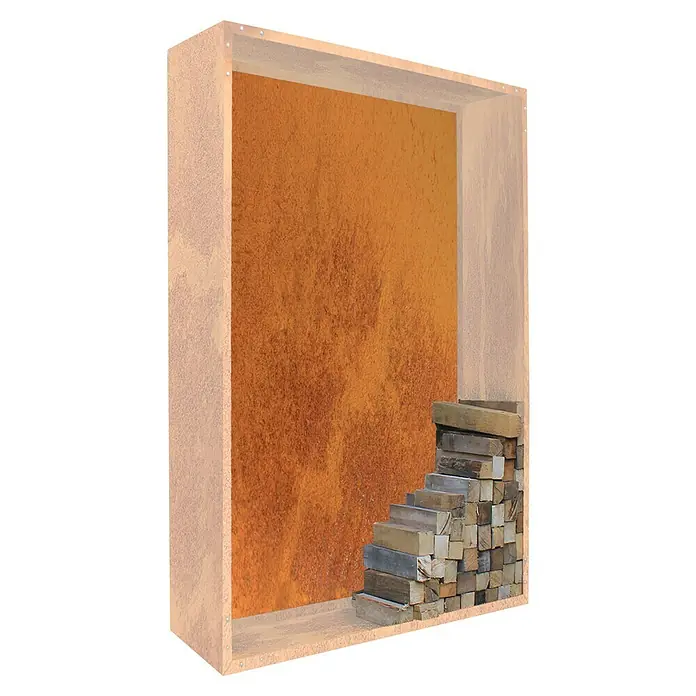 Palatino Exclusive Line Rückwand Woodpecker - 100 x 120 cm, Passend für: Palatino Exclusive Line Brennholzregal Woodpecker - Wandbrunnen mit orangefarbener Rückwand und Holzscheitstapel. Ein dekoratives Element für den Innen- und Außenbereich.