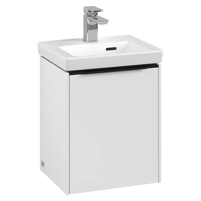 Villeroy & Boch Subway 3.0 Waschbeckenunterschrank - Pure White, Anzahl Türen: 1 Stk., Farbe Griff: Volcano Black, B x T x H: 35,1 x 30,9 x 42,9 cm, DIN Anschlag: Links - Schlichtes, modernes Waschbecken mit Unterschrank in Weiß. Der Waschtischarmatur ist verchromt und das Design ist minimalistisch.