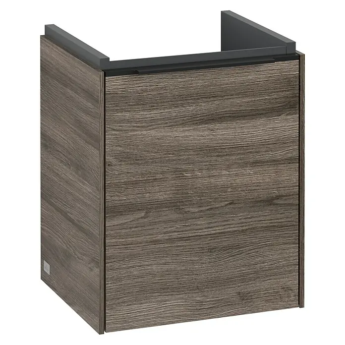 Villeroy & Boch Subway 3.0 Waschbeckenunterschrank - Stone Oak, Anzahl Türen: 1 Stk., Farbe Griff: Volcano Black, B x T x H: 35,1 x 30,9 x 42,9 cm, DIN Anschlag: Links - Bild eines Waschbeckenunterschranks aus Holz mit grauer Oberseite, ideal für moderne Badezimmer.