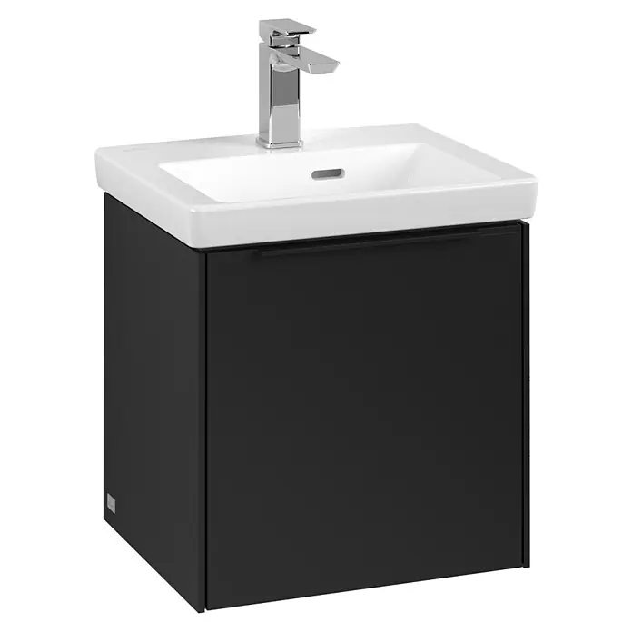 Villeroy & Boch Subway 3.0 Waschbeckenunterschrank - Volcano Black, Anzahl Türen: 1 Stk., Farbe Griff: Volcano Black, Mit Beleuchtung - Modernes Badezimmer-Waschbecken mit schwarzem Unterschrank und glänzender Armatur. Das ideale Waschbecken für Ihr Badezimmer.