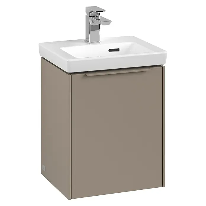 Villeroy & Boch Subway 3.0 Waschbeckenunterschrank - Taupe, Anzahl Türen: 1 Stk., Farbe Griff: Monochrom, B x T x H: 35,1 x 30,9 x 42,9 cm, DIN Anschlag: Links - Bild eines modernen Waschbeckens mit Unterschrank in neutralem Farbton, ideal für ein stilvolles Badezimmer.