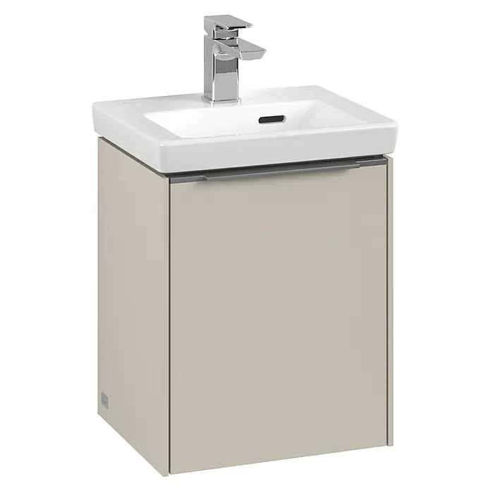 Villeroy & Boch Subway 3.0 Waschbeckenunterschrank - Cashmere Grey, Anzahl Türen: 1 Stk., Farbe Griff: Aluminium glänzend, B x T x H: 35,1 x 30,9 x 42,9 cm, DIN Anschlag: Links - Modernes Waschbecken mit beigem Unterschrank und glänzender Armatur. Elegantes Design für Badezimmer.