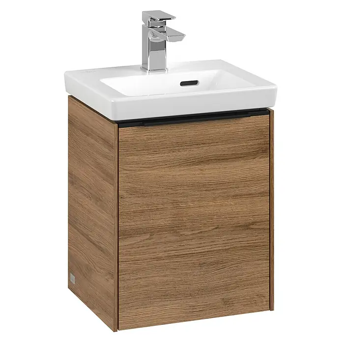 Villeroy & Boch Subway 3.0 Waschbeckenunterschrank - Kansas Oak, Anzahl Türen: 1 Stk., Farbe Griff: Volcano Black, B x T x H: 35,1 x 30,9 x 42,9 cm, DIN Anschlag: Links - Unterschrank mit Waschbecken und Armatur.‎‎Das moderne Design passt perfekt in jedes Badezimmer.‎‎