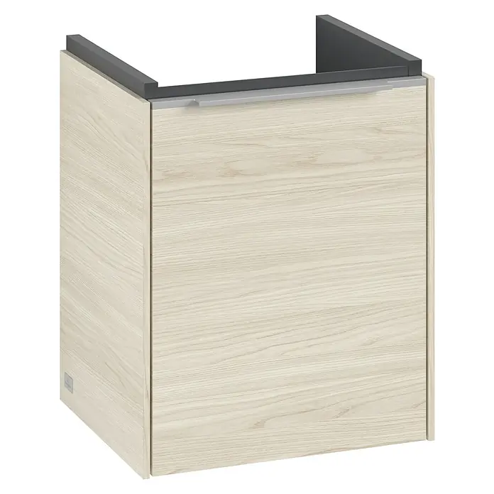 Villeroy & Boch Subway 3.0 Waschbeckenunterschrank - White Oak, Anzahl Türen: 1 Stk., Farbe Griff: Aluminium glänzend, B x T x H: 35,1 x 30,9 x 42,9 cm, DIN Anschlag: Rechts - Ansicht eines Unterschranks mit hellem Holzdekor und einer grauen Abdeckung. Der Schrank bietet Stauraum im Badezimmer.