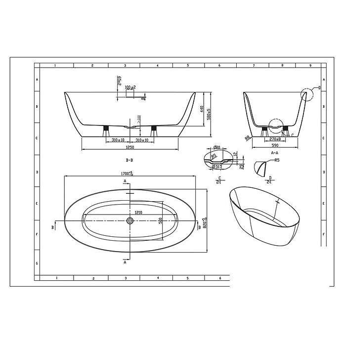 Sanotechnik Freistehende Badewanne Miami (L x B: 170 x 82 cm, 268 l, Acryl, Weiß)