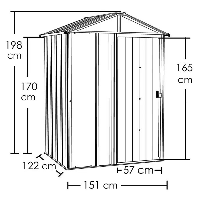 Spacemaker Gerätehaus 5x4 - Außenbreite inkl. Dachüberstand: 151 cm, Außentiefe inkl. Dachüberstand: 122 cm, Stahl, Grau - Abbildung eines Gartenschuppens mit Höhen- und Breitenmaßen.