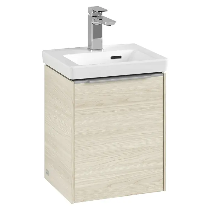 Villeroy & Boch Subway 3.0 Waschbeckenunterschrank - White Oak, Anzahl Türen: 1 Stk., Farbe Griff: Aluminium glänzend, B x T x H: 35,1 x 30,9 x 42,9 cm, DIN Anschlag: Rechts - Badezimmerunterschrank mit Waschbecken und Armatur. Das helle Holzdekor verleiht dem Waschtisch eine freundliche und moderne Optik.