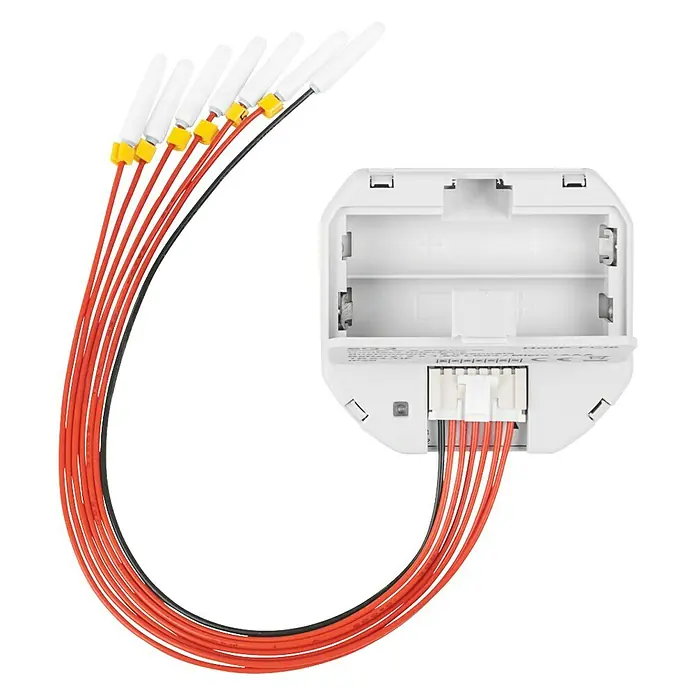 Homematic IP Funkschalter Contact Interface HmIP-FCI6 - Batteriebetrieben, 4,85 x 1,5 x 5,3 cm - Nahaufnahme eines weißen Smart-Home-Geräts mit mehreren Antennen und roten Kabeln.
