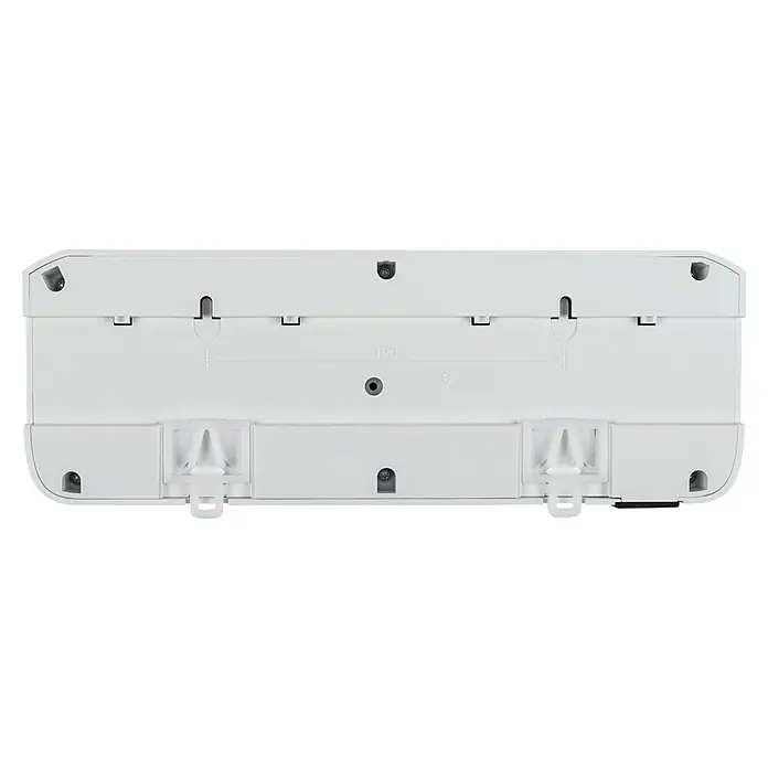 Homematic IP Fußbodenheizungsregler HmIP-FALMOT-C12 - 5,2 x 24,2 x 8,5 cm - Nahaufnahme der Rückseite eines weißen elektronischen Geräts mit Schrauben, Hängevorrichtungen und einer Längenangabe von 120.
