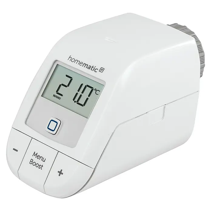 Homematic IP Heizkörper-Thermostat HmIP-eTRV-B-2 - M30 x 1,5 mm, Batteriebetrieben, 102 x 57 x 68 mm, Weiß, 1 Stk. - Das Bild zeigt ein Homematic IP Heizkörperthermostat mit LCD-Anzeige und Bedienelementen.