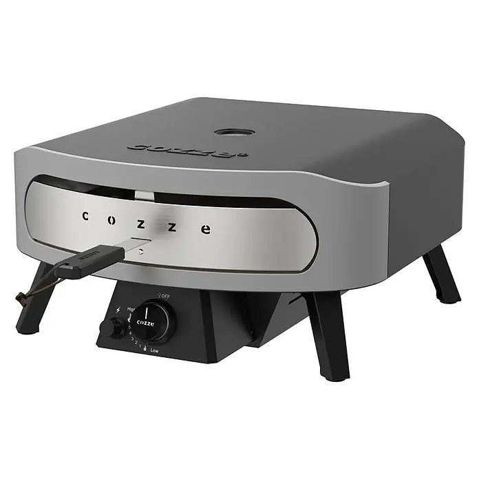 Cozze Pizzaofen Classic 17" - Grillfläche (B x T): 42,5 x 42,5 cm, 8 kW - Cozze Pizzaofen mit grauer Verkleidung und Drehknopf zur Temperaturregelung für authentische Pizza im Freien.