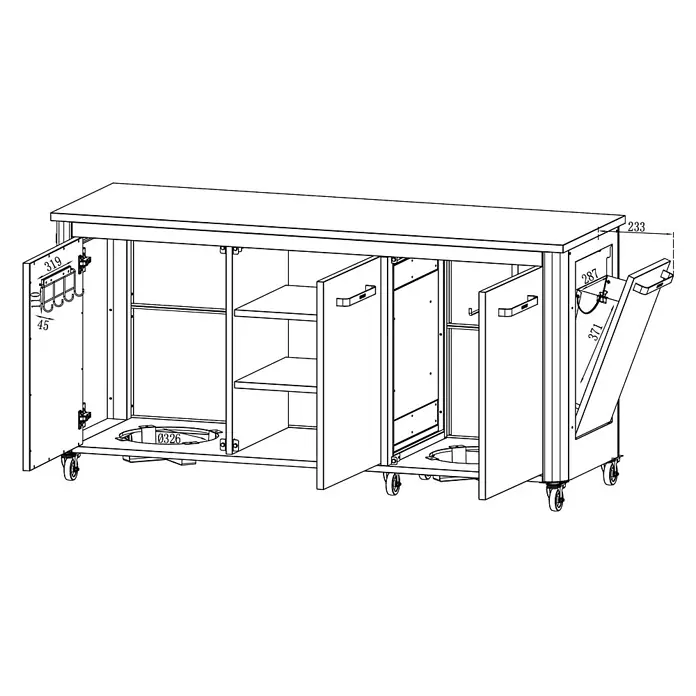 Cozze Outdoorküchen-Modul - Schwarz, B x T x H: 180 x 60 x 90 cm - Abbildung eines fahrbaren Servierwagens mit Schränken, Regalen und Müllbehälter, ideal für Gastronomie oder Küche.