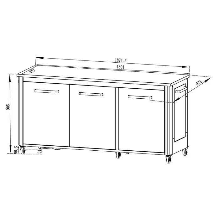 Cozze Outdoorküchen-Modul - Schwarz, B x T x H: 180 x 60 x 90 cm - Rechteckiger, dreitüriger Rollschrank mit Griffen und Rollen, Maße angegeben.