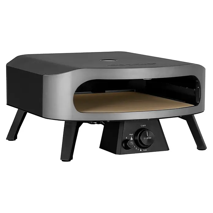 Cozze Pizzaofen Classic 13 - Grillfläche (B x T): 34 x 34 cm, 6 kW - Ein eleganter schwarz-grauer Outdoor-Pizzaofen mit breiter Öffnung, hellbraunem Pizzastein und schwarzem Bedienfeld mit Temperaturreglern.