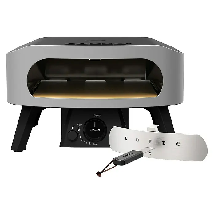 Cozze Pizzaofen Classic 13 - Grillfläche (B x T): 34 x 34 cm, 6 kW - Abbildung eines Cozze Pizzaofens mit Zubehör.