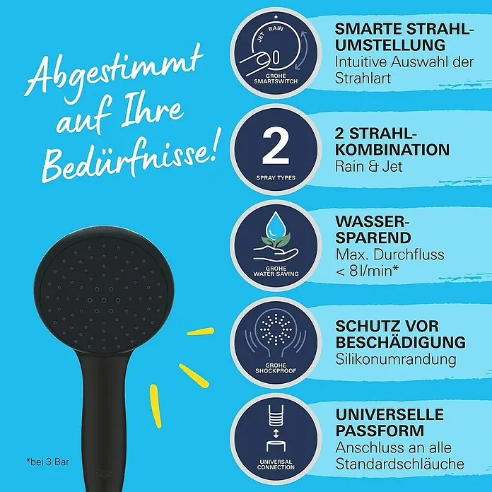 Grohe QuickFix Vitalio Start Handbrause 110 - Anzahl Funktionen: 2 Stk., Schwarz - Grohe Handbrause in Schwarz mit mehreren Strahlarten, wassersparend, mit Silikonumrandung und passend für alle Standardschläuche.
