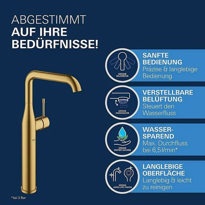 Grohe Essence New Waschtischarmatur XL-Size - Cool Sunrise, Matt - Produktbild einer goldenen Küchenarmatur von Grohe, die für sanfte Bedienung und Wasserersparnis steht. Hochwertige und langlebige Oberfläche.