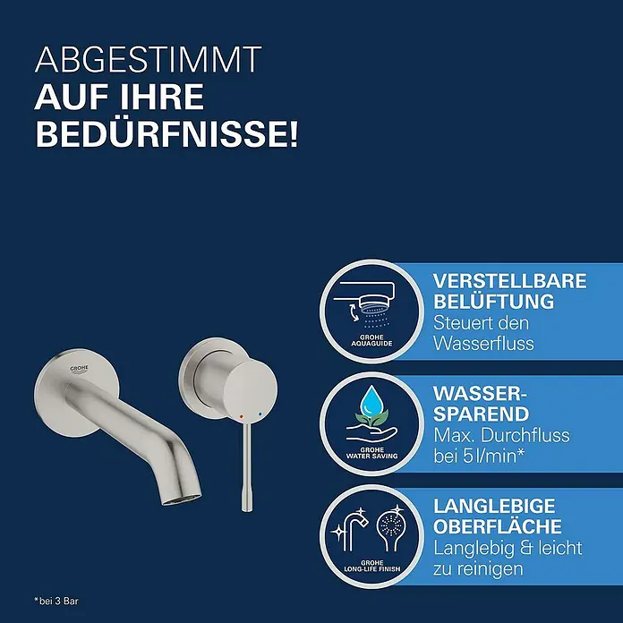 Grohe Essence Waschtischarmatur M - Wandmontage, Supersteel, Matt - Produktbild einer GROHE Armatur mit Hinweisen zu Funktionen wie Wassersparen und verstellbarer Belüftung.