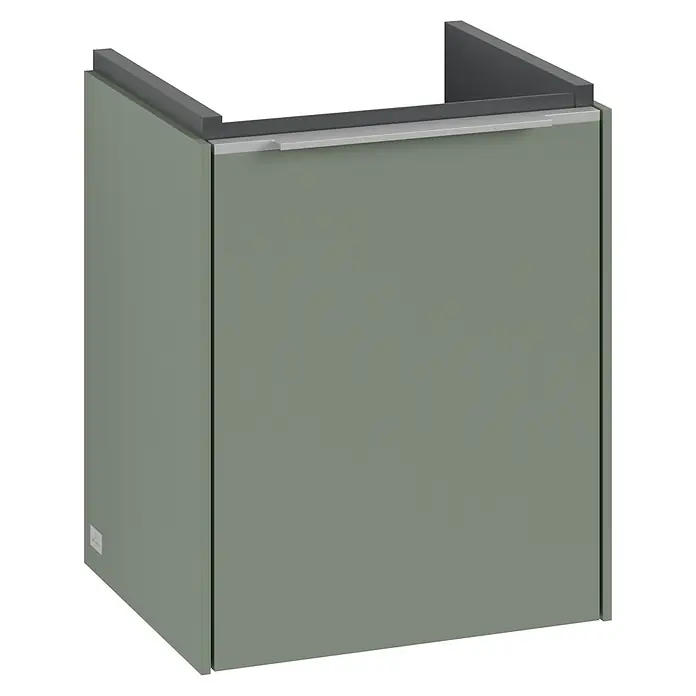 Villeroy & Boch Subway 3.0 Waschbeckenunterschrank - Soft Green, Anzahl Türen: 1 Stk., Farbe Griff: Aluminium glänzend, B x T x H: 35,1 x 30,9 x 42,9 cm, DIN Anschlag: Rechts - Grüner Waschtischunterschrank mit grauen Akzenten. Praktische Badmöbel zur stilvollen Aufbewahrung von Badutensilien.