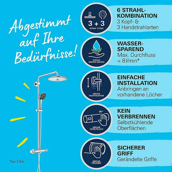 Grohe Vitalio Joy Duschsystem 260 - Mit Thermostatarmatur, Lochabstand: 100,5 cm, Anzahl Strahlarten: 3 Stk., Chrom - Duschsystem mit 6 Strahlarten, Wassersparfunktion, einfacher Installation, Kühltechnologie und sicherem Griff.