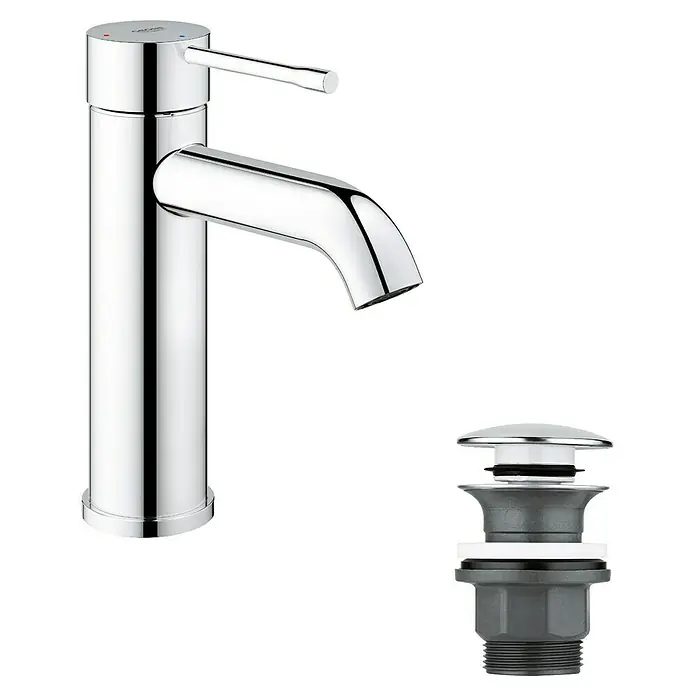 Grohe Essence New Waschtischarmatur S-Size - Hochdruck, Verchromt, Glänzend - Dieser Chrom-Waschtischmischer mit Ablaufgarnitur bietet eine stilvolle und funktionale Ergänzung für jedes moderne Badezimmer.