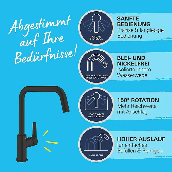 Grohe Start Spültischarmatur - Ausladung Armatur: 228 mm, Schwarz, Matt - Produktbild: Eine stilvolle, schwarze Küchenarmatur mit verschiedenen Funktionen, die auf die Bedürfnisse zugeschnitten sind.