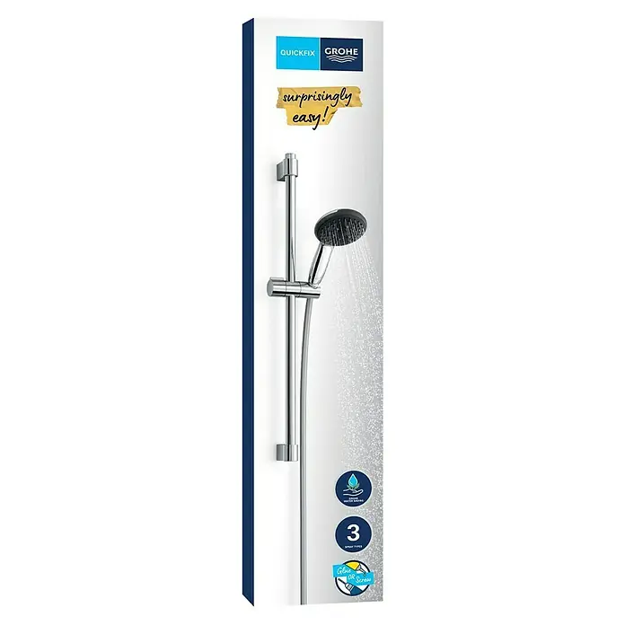 Grohe QuickFix Vitalio Start Brausegarnitur - Lochabstand: 47 cm - 62 cm, Anzahl Strahlarten: 3 Stk. - Produktbild einer Grohe Duschgarnitur mit Brausestange, die mit QuickFix einfach zu montieren ist, inklusive Wassersparfunktion und verschiedenen Strahlarten.