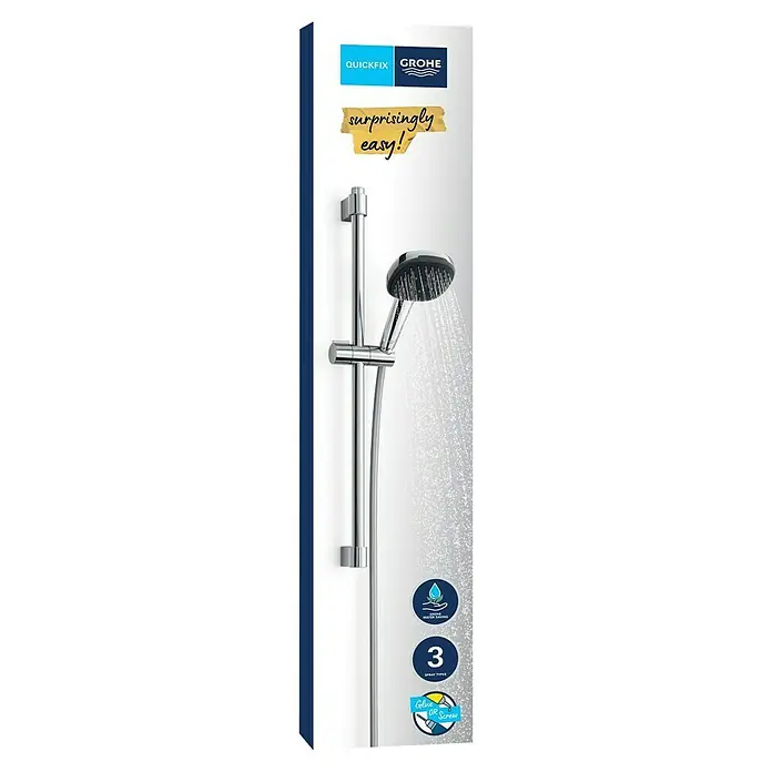 Grohe QuickFix Brausegarnitur - Lochabstand: 47 cm - 62 cm, Anzahl Strahlarten: 3 Stk. - Grohe Quickfix Duschstange mit Handbrause im Chromdesign und Wasserspareffekt, einfache Montage mit Kleben oder Schrauben.