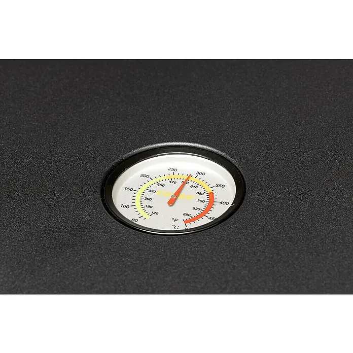 Cozze Plancha-Grill 800 - Grillfläche (B x T): 80 x 50 cm, 7,5 kW, Schwarz - Nahaufnahme eines Grillthermometers, das eine Temperatur von etwa 270 Grad Celsius anzeigt.