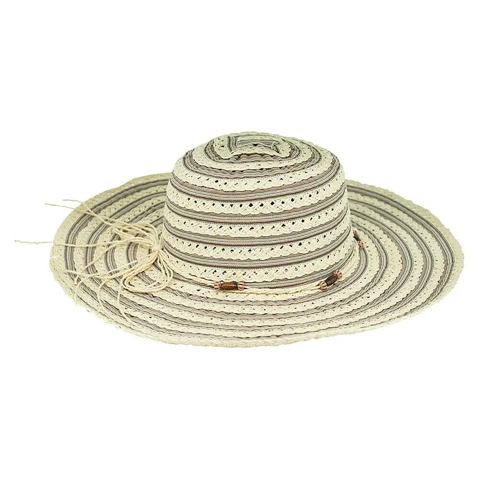 Sonnenhut Eden - Beige, Geeignet für: Damen - Ein eleganter Strohhut mit breiter Krempe, verziert mit braunen Akzenten und einer dekorativen Schnur. Ideal für sonnige Tage und stilvollen Schutz.
