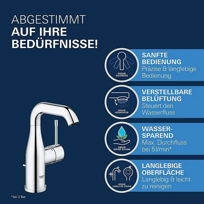 Grohe Essence New Waschtischarmatur M-Size - Mit Zugstange, Chrom, Glänzend - Produktbild einer Grohe Armatur, die mit sanfter Bedienung, verstellbarer Belüftung, Wassersparfunktion und langlebiger Oberfläche wirbt.