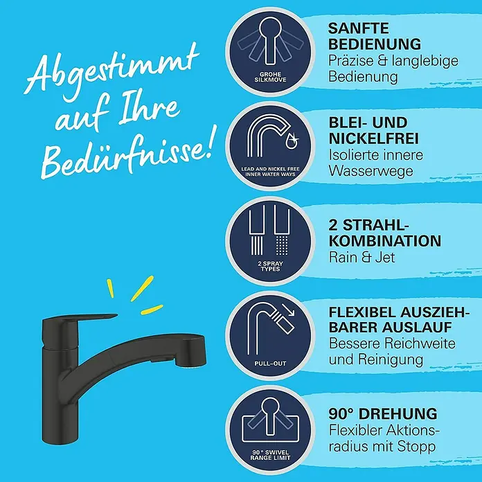 Grohe QuickFix Start Spültischarmatur - Schwarz, Schwenkbar, Matt - Produktbild: Schwarzer Wasserhahn mit Beschreibung seiner Eigenschaften wie sanfte Bedienung, blei- und nickelfrei und flexibler Aktionsradius.