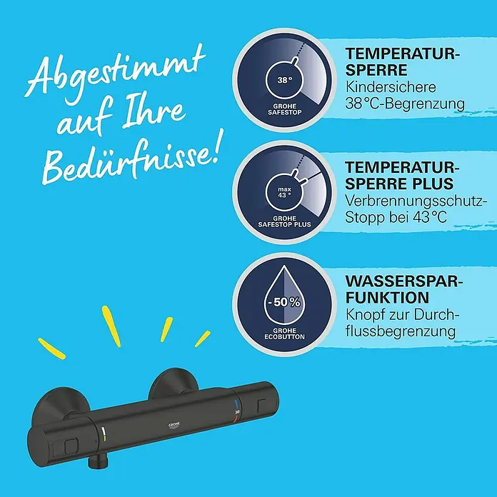 Grohe Start Brausethermostat Precision - Matt, Schwarz - Werbung für eine schwarze Grohe-Thermostatarmatur mit Temperatur- und Wassersparfunktion.