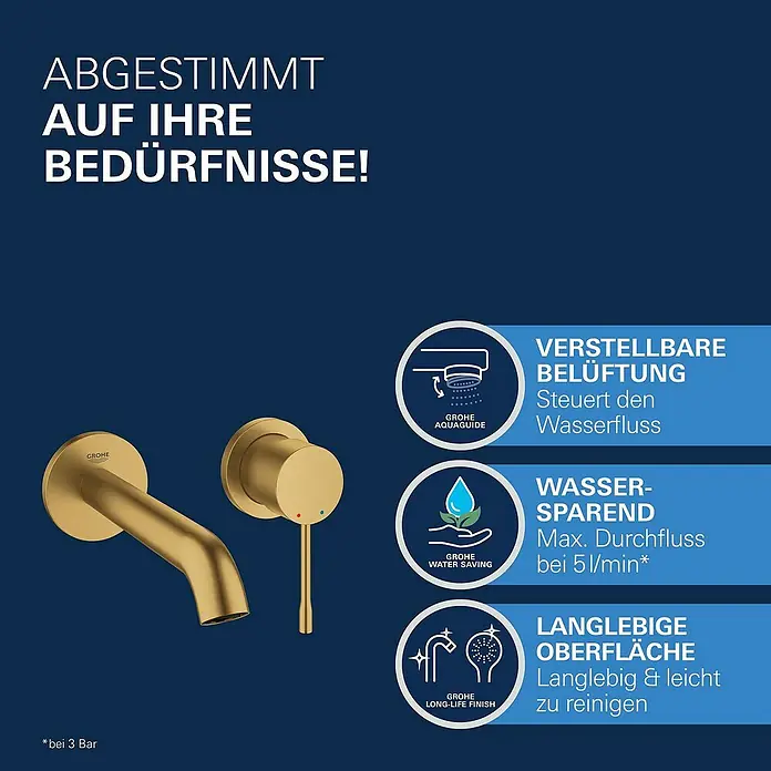 Grohe Essence Waschtischarmatur M - Wandmontage, Cool Sunrise, Matt - Bild einer goldenen Grohe Armatur mit Text, der ihre verstellbare Belüftung, Wassersparfunktion und langlebige Oberfläche hervorhebt.