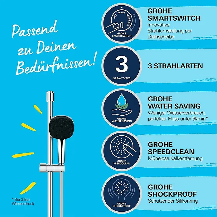 Grohe QuickFix Brausegarnitur - Lochabstand: 47 cm - 62 cm, Anzahl Strahlarten: 3 Stk. - Duschsystem mit innovativer Strahlumstellung per Drehscheibe, Wassersparfunktion und einfache Kalkentfernung für ein entspannendes Duscherlebnis.