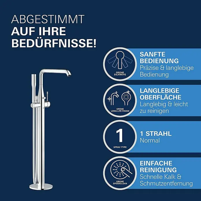 Grohe Essence Badewannenstandarmatur - Höhe: 88,4 cm, Chrom, Glänzend - Bild einer Grohe-Armatur mit Produktmerkmalen wie sanfter Bedienung und langlebiger Oberfläche.