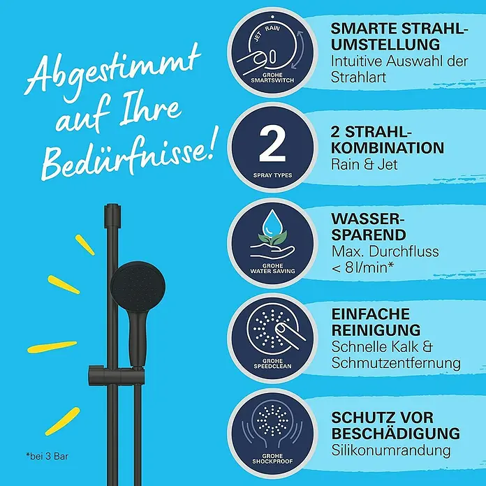 Grohe QuickFix Vitalio Start Brausegarnitur 110 - Lochabstand: 47 cm - 62 cm, Anzahl Strahlarten: 2 Stk., Schwarz - Duschsystem mit SmartSwitch, zwei Strahlarten, Wassersparfunktion, SpeedClean und Silikonumrandung für Schutz vor Beschädigung.
