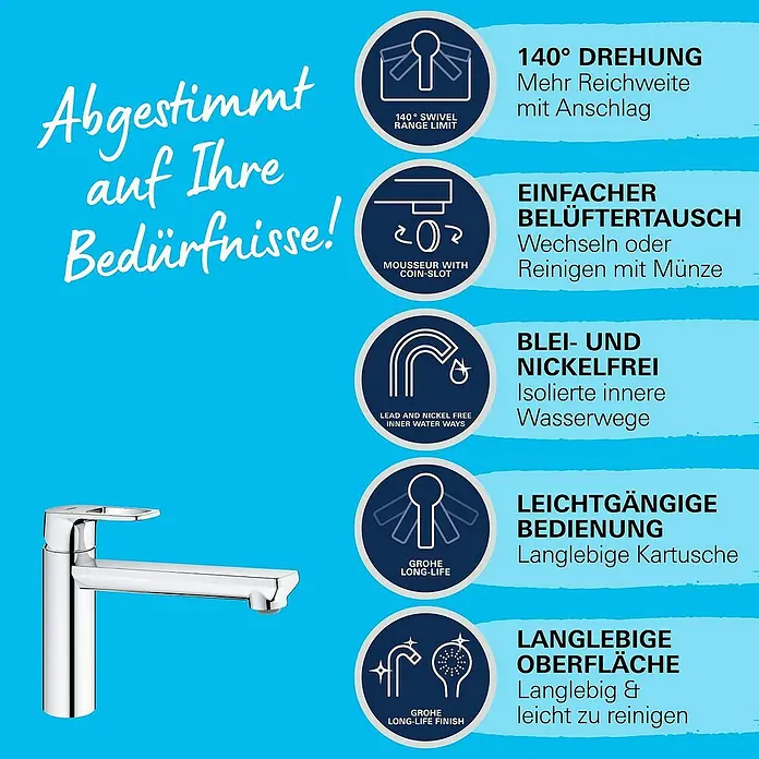 Grohe QuickFix Start Loop Spültischarmatur - Ausladung Armatur: 222 mm, Chrom, Hochglänzend - Das Bild zeigt eine Grohe Armatur mit Hinweisen zu ihren Funktionen, wie 140° Drehung und leichtgängige Bedienung.