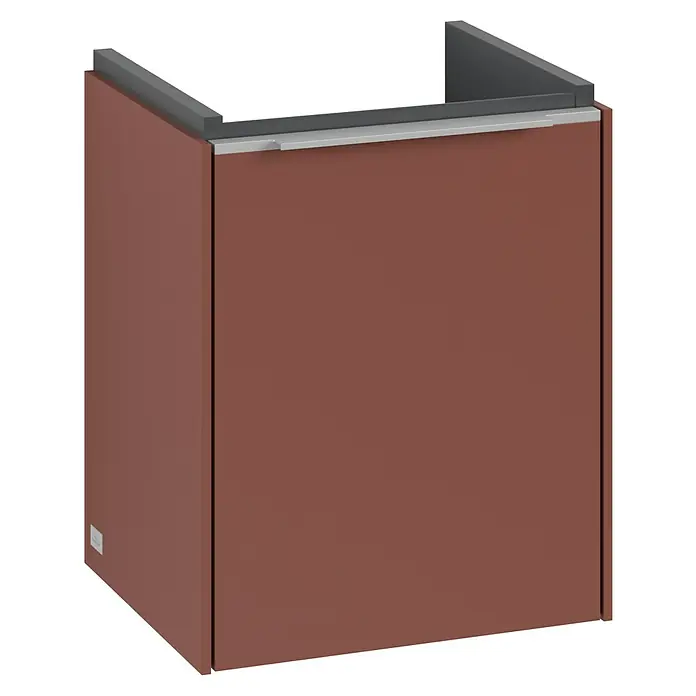 Villeroy & Boch Subway 3.0 Waschbeckenunterschrank - Wine Red, Anzahl Türen: 1 Stk., Farbe Griff: Aluminium glänzend, B x T x H: 35,1 x 30,9 x 42,9 cm, DIN Anschlag: Rechts - Das Produkt ist ein kastenförmiger Badunterschrank in einem dunklen Braunton, ideal für moderne Badezimmer.