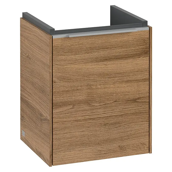 Villeroy & Boch Subway 3.0 Waschbeckenunterschrank - Kansas Oak, Anzahl Türen: 1 Stk., Farbe Griff: Aluminium glänzend, B x T x H: 35,1 x 30,9 x 42,9 cm, DIN Anschlag: Rechts - Bild eines Waschbeckenunterschranks in Holzoptik mit grauen Akzenten. Stilvolles Badmöbel für moderne Badezimmer.