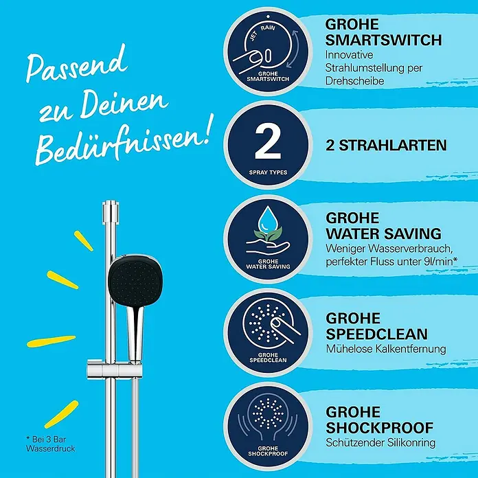 Grohe QuickFix Brausegarnitur - Lochabstand: 47 cm - 62 cm, Anzahl Strahlarten: 2 Stk. - Produktabbildung der Grohe Duschkopf-Garnitur mit SmartSwitch, Wassersparfunktion, SpeedClean und Shockproof-Technologie für ein optimiertes Duscherlebnis.
