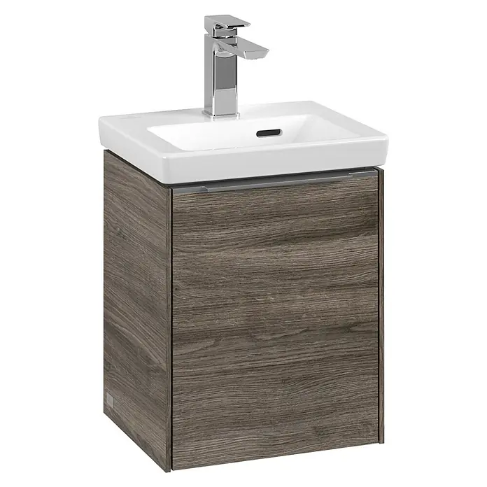 Villeroy & Boch Subway 3.0 Waschbeckenunterschrank - Stone Oak, Anzahl Türen: 1 Stk., Farbe Griff: Aluminium glänzend, B x T x H: 35,1 x 30,9 x 42,9 cm, DIN Anschlag: Rechts - Das Waschbecken mit Holzunterschrank und modernem Wasserhahn in Chrom ist ein Blickfang in jedem Badezimmer. Stilvoll und funktional.