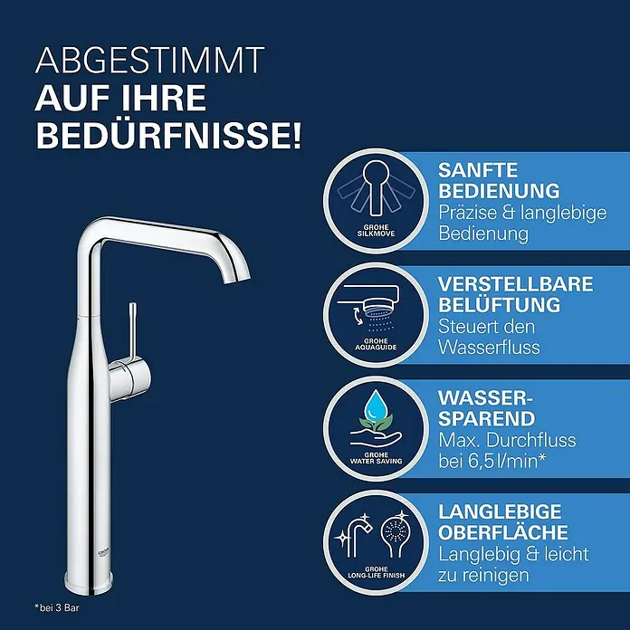 Grohe Essence Waschtischarmatur XL-Size - Chrom, Glänzend - Hochwertige Küchenarmatur von Grohe mit Wassersparfunktion und langlebiger Oberfläche für höchsten Komfort und stilvolles Design in der Küche.