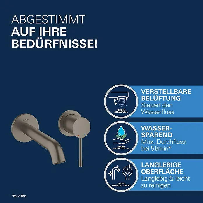 Grohe Essence Waschtischarmatur M - Wandmontage, Hard Graphite, Matt - Das Grohe-Produkt ist auf Ihre Bedürfnisse zugeschnitten, mit einstellbarer Belüftung, Wassersparfunktion und langlebiger, leicht zu reinigender Oberfläche.