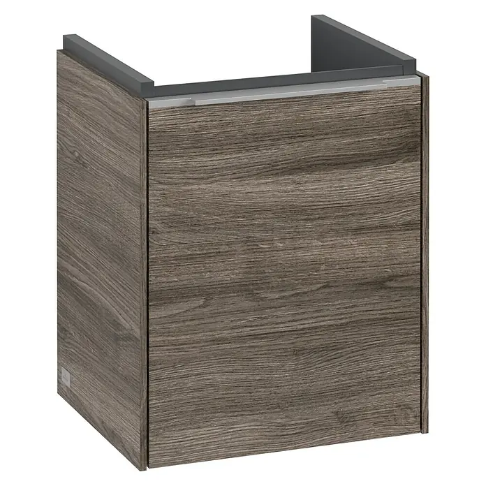 Villeroy & Boch Subway 3.0 Waschbeckenunterschrank - Stone Oak, Anzahl Türen: 1 Stk., Farbe Griff: Aluminium glänzend, B x T x H: 35,1 x 30,9 x 42,9 cm, DIN Anschlag: Rechts - Bild eines modernen Waschtischunterschranks in Holzoptik, der mit seinem schlichten Design überzeugt. Ideal für jedes Badezimmer.