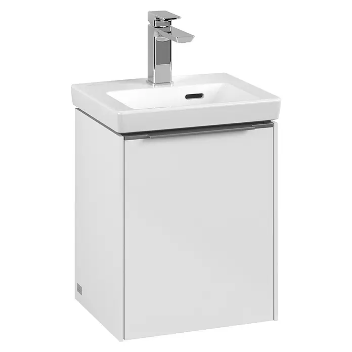 Villeroy & Boch Subway 3.0 Waschbeckenunterschrank - Brilliant White, Anzahl Türen: 1 Stk., Farbe Griff: Aluminium glänzend, B x T x H: 35,1 x 30,9 x 42,9 cm, DIN Anschlag: Rechts - Moderner Waschtischunterschrank in Weiß mit glänzendem Chrom-Wasserhahn für ein stilvolles Badezimmerambiente.