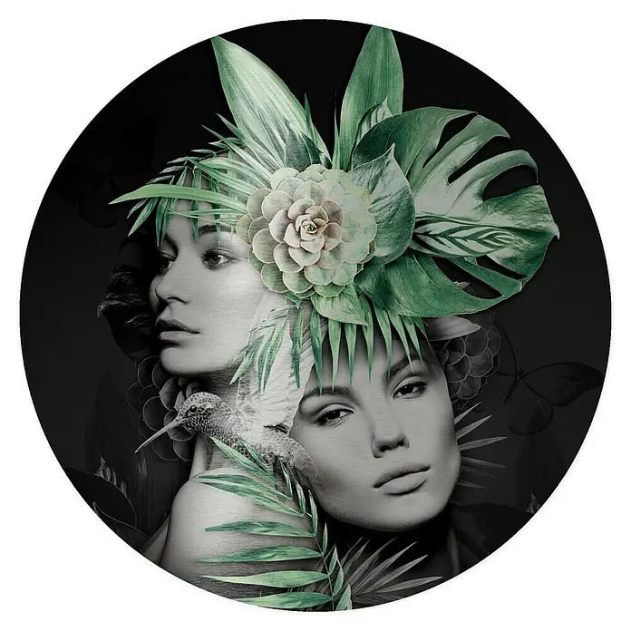 ProArt Bild - Woman & Plants, Durchmesser: 100 cm - Elegante Wandkunst mit zwei Frauenprofilen, umgeben von üppigen tropischen Blättern und einem Kolibri, eingefasst in einem kreisrunden Design.