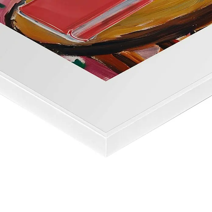 Reinders Bild Slim Frame White - Balcony Holiday, B x H: 30 x 40 cm - Nahaufnahme eines gerahmten Kunstwerks mit lebendigen Farben und Texturen, präsentiert in einem schlichten weißen Rahmen.