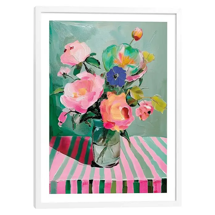Reinders Bild Modern Frame - Flower Table, B x H: 50 x 70 cm - Gerahmtes Bild mit einem farbenfrohen Blumenstrauß in einer Vase, der auf einem gestreiften Tisch steht. Dekoratives Wandbild für ein lebendiges Ambiente.